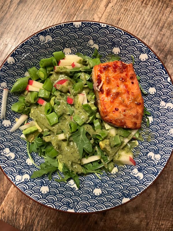 Harrisa Teriyaki Salmon with Spring Salad