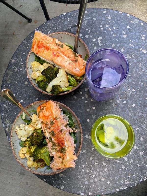 LDD (lemon, dijon, dill) Salmon Bowl +Arugula Orzo Salad + Harrisa Roasted Veggies